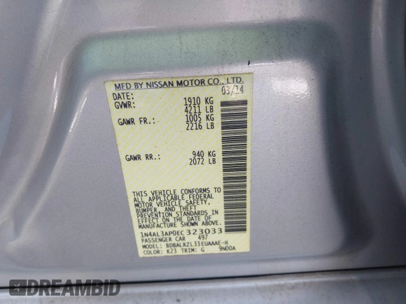 2014 Nissan Altima SV with VIN 1N4AL3AP0EC323033, listed as a IAAI auction lot 41665147 with 145,271 mi miles and . Bid and sale history available at carsss.com. Image 9.
