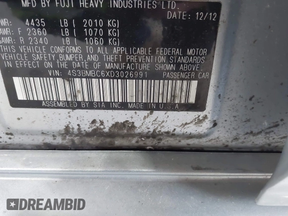 2013 Subaru Legacy Premium with VIN 4S3BMBC6XD3026991, listed as a IAAI auction lot 42731423 with 154,238 mi miles and . Bid and sale history available at DreamBid. Image 9.