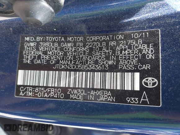 2011 Toyota Prius I with VIN JTDKN3DU5B5343613, listed as a IAAI auction lot 42008657 with 137,578 mi miles. Bid and sale history available at carsss.com. Image 9.