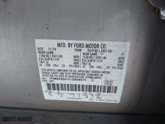 2020 Ford Explorer XLT with VIN 1FMSK8DH1LGB38073, listed as a IAAI auction lot 41658690 with 134,661 mi miles. Bid and sale history available at carsss.com. Image 9.