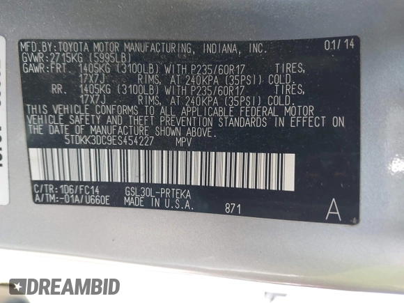 2014 Toyota Sienna LE AAS z VIN 5TDKK3DC9ES454227, wystawiony jako IAAI lot #42030131 z przebiegiem 107 392 mil mil oraz . Historia ofert i sprzedaży dostępna na DreamBid. Obrazek 9.