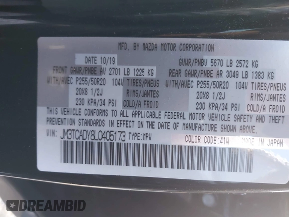 2020 Mazda CX-9 Grand Touring with VIN JM3TCADY8L0405173, listed as a IAAI auction lot 41701533 with 58,119 mi miles and . Bid and sale history available at DreamBid. Image 9.