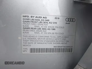 2019 Audi Q5 Premium Plus z VIN WA1BNAFY5K2084220, wystawiony jako IAAI lot #42391537 z przebiegiem 36 143 mil mil oraz . Historia ofert i sprzedaży dostępna na DreamBid. Obrazek 9.
