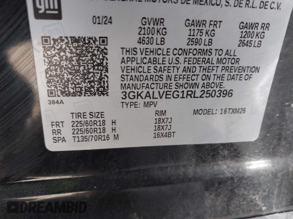 2024 GMC Terrain SLT с VIN 3GKALVEG1RL250396, выставлен на аукционе IAAI как лот 42263423 с пробегом 43 186 миль миль и . История ставок и продаж доступна на DreamBid. Изображение 9.