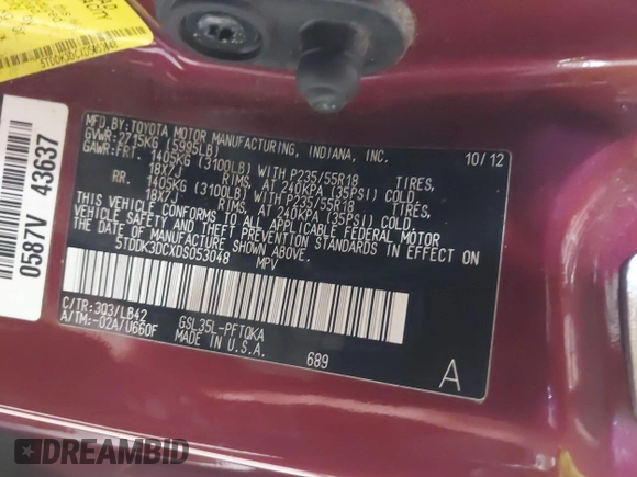 2013 Toyota Sienna XLE z VIN 5TDDK3DCXDS053048, wystawiony jako IAAI lot #42163668 z przebiegiem 104 765 mil mil oraz . Historia ofert i sprzedaży dostępna na DreamBid. Obrazek 9.
