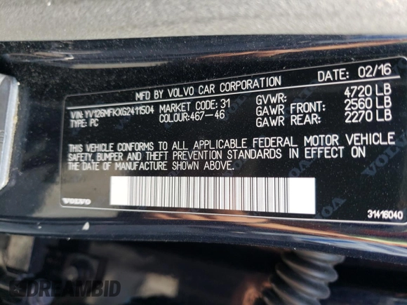 2016 Volvo S60 T5 Drive-E Premier with VIN YV126MFKXG2411504, listed as a Copart auction lot 68546593 with 131,597 mi miles. Bid and sale history available at carsss.com. Image 12.