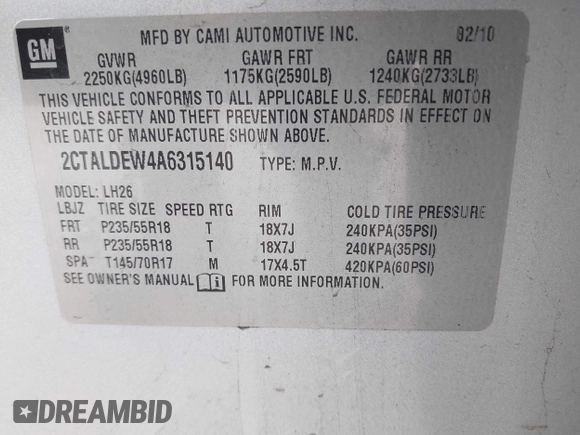 2010 GMC Terrain SLE-2 z VIN 2CTALDEW4A6315140, wystawiony jako IAAI lot #42111424 z przebiegiem 132 536 mil mil oraz . Historia ofert i sprzedaży dostępna na DreamBid. Obrazek 9.