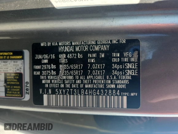2017 Hyundai Santa Fe 2.4L with VIN 5XYZT3LB4HG432884, listed as a Copart auction lot 62573705 with 152,234 mi miles and Clean title. Bid and sale history available at DreamBid. Image 12.