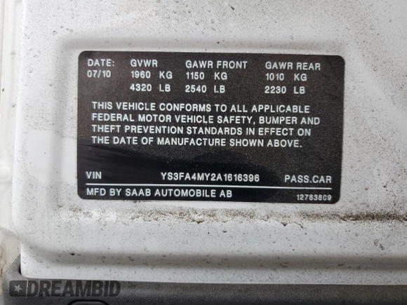 2010 Saab 9-3 z VIN YS3FA4MY2A1616396, wystawiony jako Copart lot #75313344 z przebiegiem 164 620 mil mil oraz Szkoda całkowita • Salvage title. Historia ofert i sprzedaży dostępna na DreamBid. Obrazek 15.