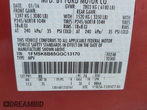 2016 Ford Explorer z VIN 1FM5K8B85GGC13170, wystawiony jako Copart lot #61250345 z przebiegiem 34 364 mil mil oraz Szkoda całkowita • Salvage title. Historia ofert i sprzedaży dostępna na DreamBid. Obrazek 13.