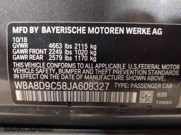 2018 BMW 3 Series 330i xDrive with VIN WBA8D9C58JA608327, listed as a IAAI auction lot 40843366 with 60,773 mi miles and . Bid and sale history available at DreamBid. Image 9.