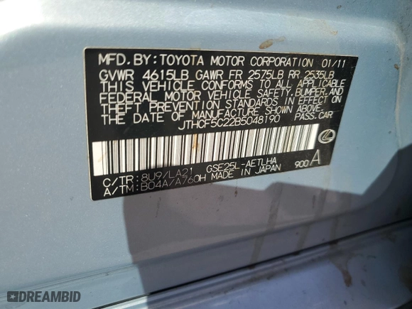2011 Lexus IS 250 with VIN JTHCF5C22B5048190, listed as a Copart auction lot 54566214 with 140,964 mi miles and Salvage Title. Bid and sale history available at carsss.com. Image 12.