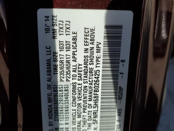 2015 Honda Odyssey EX-L with VIN 5FNRL5H68FB026425, listed as a Copart auction lot 48183975 with 143,135 mi miles and Salvage Title. Bid and sale history available at carsss.com. Image 13.