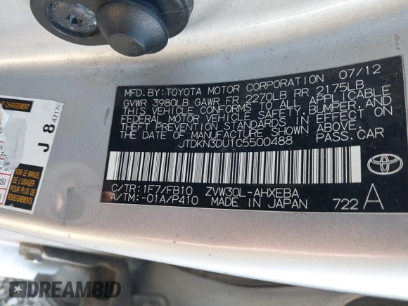 2012 Toyota Prius One with VIN JTDKN3DU1C5500488, listed as a IAAI auction lot 41929382 with 251,947 mi miles and . Bid and sale history available at carsss.com. Image 9.