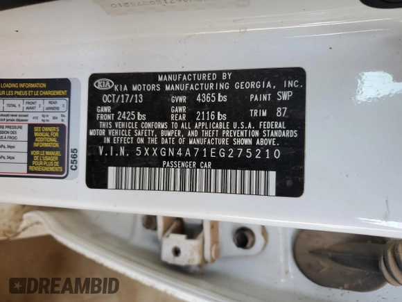 2014 Kia Optima EX z VIN 5XXGN4A71EG275210, wystawiony jako Copart lot #58095515 z przebiegiem 113 030 mil mil oraz Szkoda całkowita • Salvage title. Historia ofert i sprzedaży dostępna na DreamBid. Obrazek 12.