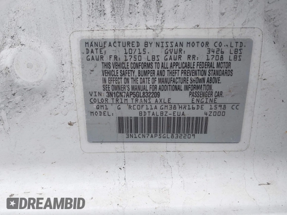 2016 Nissan Versa S with VIN 3N1CN7AP5GL832209, listed as a IAAI auction lot 41513043 with 138,543 mi miles. Bid and sale history available at carsss.com. Image 9.