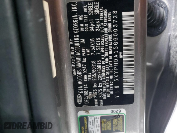 2016 Kia Sorento EX with VIN 5XYPHDA15GG003728, listed as a Copart auction lot 43849025 with 142,620 mi miles and Salvage Title. Bid and sale history available at DreamBid. Image 15.