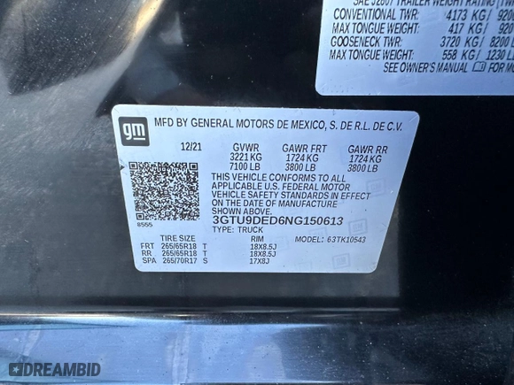2022 GMC Sierra 1500 Limited SLT with VIN 3GTU9DED6NG150613, listed as a Copart auction lot 54606205 with 335,056 mi miles and Clean Title. Bid and sale history available at carsss.com. Image 10.