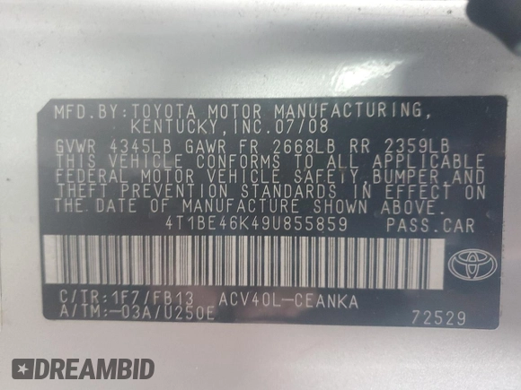 2009 Toyota Camry with VIN 4T1BE46K49U855859, listed as a Copart auction lot 56638305 with 237,159 mi miles and Clean Title. Bid and sale history available at DreamBid. Image 12.