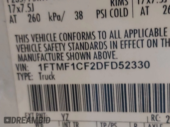 2013 Ford F-150 XL с VIN 1FTMF1CF2DFD52330, выставлен на аукционе IAAI как лот 42527052 с пробегом 173 898 миль миль и . История ставок и продаж доступна на DreamBid. Изображение 9.