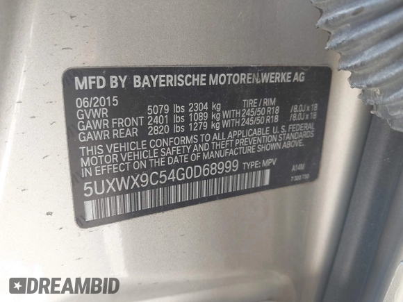 2016 BMW X3 xDrive28i with VIN 5UXWX9C54G0D68999, listed as a IAAI auction lot 42086122 with 107,697 mi miles and . Bid and sale history available at DreamBid. Image 9.