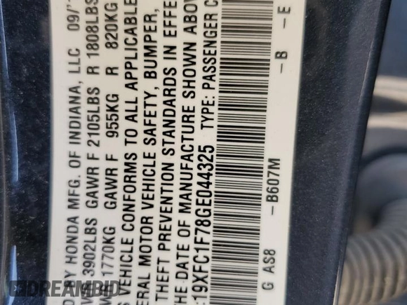 2016 Honda Civic EX-L with VIN 19XFC1F78GE044325, listed as a Copart auction lot 57814905 with 142,040 mi miles and Salvage title. Bid and sale history available at DreamBid. Image 12.