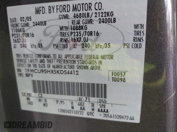 2005 Ford Escape Hybrid with VIN 1FMCU95HX5KD54412, listed as a IAAI auction lot 42115468 with 151,922 mi miles and . Bid and sale history available at DreamBid. Image 9.