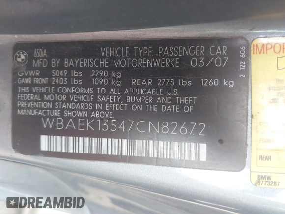 2007 BMW 6 Series 650i with VIN WBAEK13547CN82672, listed as a IAAI auction lot 40927402 with 183,197 mi miles. Bid and sale history available at carsss.com. Image 9.