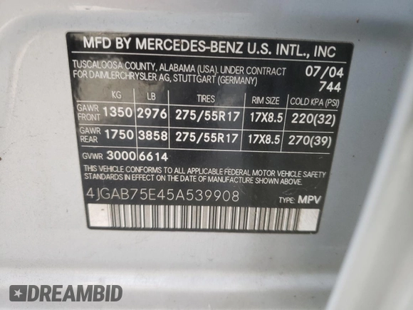 2005 Mercedes-Benz M 500 with VIN 4JGAB75E45A539908, listed as a Copart auction lot 55171955 with 162,425 mi miles and Clean Title. Bid and sale history available at DreamBid. Image 13.