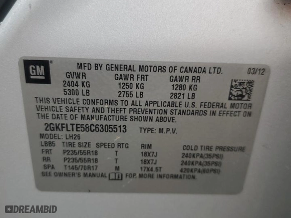 2012 GMC Terrain SLE-2 with VIN 2GKFLTE58C6305513, listed as a Copart auction lot 50944395 with 93,959 mi miles and Salvage Title. Bid and sale history available at carsss.com. Image 13.