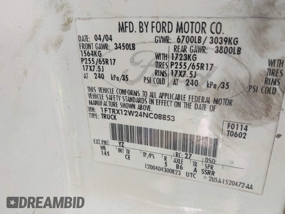 2004 Ford F-150 STX with VIN 1FTRX12W24NC08853, listed as a IAAI auction lot 42391695 with Not provided miles and . Bid and sale history available at DreamBid. Image 9.