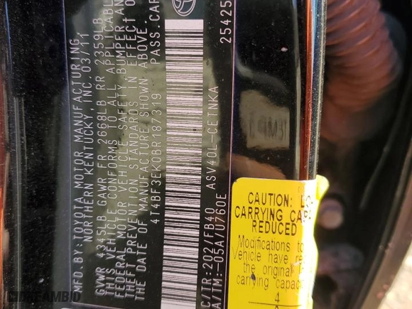 2011 Toyota Camry LE with VIN 4T4BF3EK0BR187319, listed as a Copart auction lot 47133625 with 59,632 mi miles and Salvage Title. Bid and sale history available at carsss.com. Image 12.