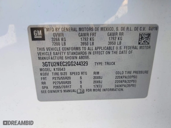 2016 GMC Sierra 1500 SLT with VIN 3GTU2NEC2GG244329, listed as a IAAI auction lot 40810002 with 121,716 mi miles. Bid and sale history available at carsss.com. Image 9.