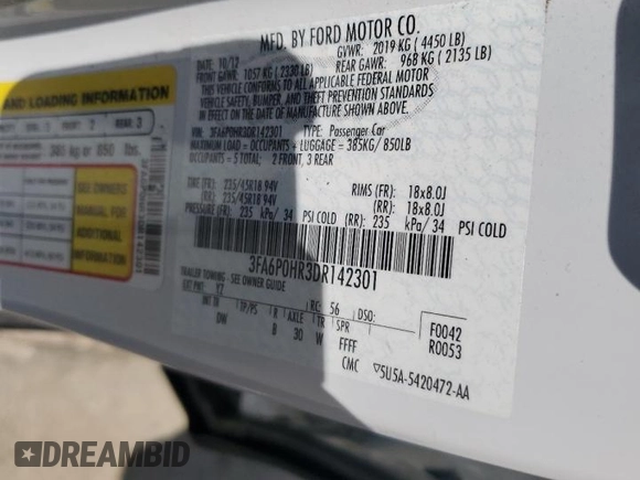 2013 Ford Fusion SE with VIN 3FA6P0HR3DR142301, listed as a Copart auction lot 53866605 with 67,928 mi miles and Salvage title. Bid and sale history available at DreamBid. Image 12.