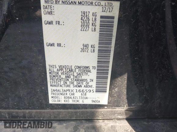 2018 Nissan Altima SR with VIN 1N4AL3AP9JC166595, listed as a IAAI auction lot 42138175 with 98,377 mi miles and . Bid and sale history available at carsss.com. Image 9.