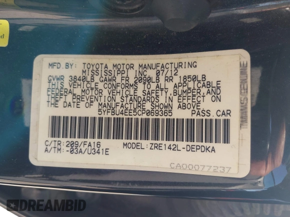 2012 Toyota Corolla L with VIN 5YFBU4EE5CP069365, listed as a IAAI auction lot 41852689 with 220,730 mi miles. Bid and sale history available at carsss.com. Image 9.