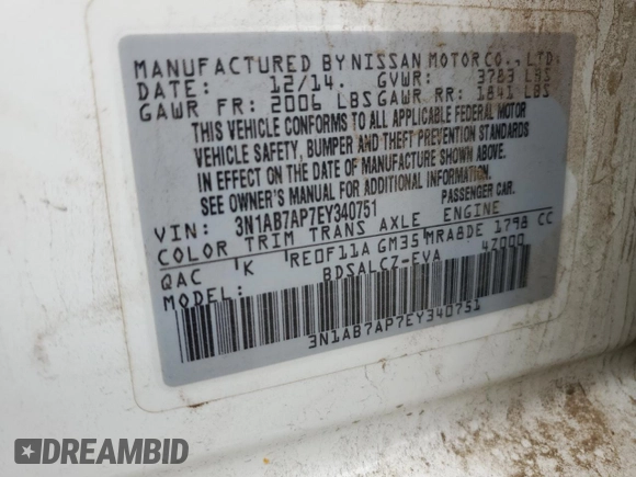 2014 Nissan Sentra SV z VIN 3N1AB7AP7EY340751, wystawiony jako Copart lot #59705475 z przebiegiem 136 712 mil mil oraz Czysty tytuł • Clean title. Historia ofert i sprzedaży dostępna na DreamBid. Obrazek 13.