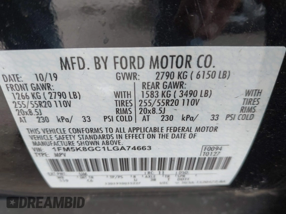2020 Ford Explorer ST with VIN 1FM5K8GC1LGA74663, listed as a IAAI auction lot 41823709 with 43,007 mi miles and . Bid and sale history available at DreamBid. Image 9.