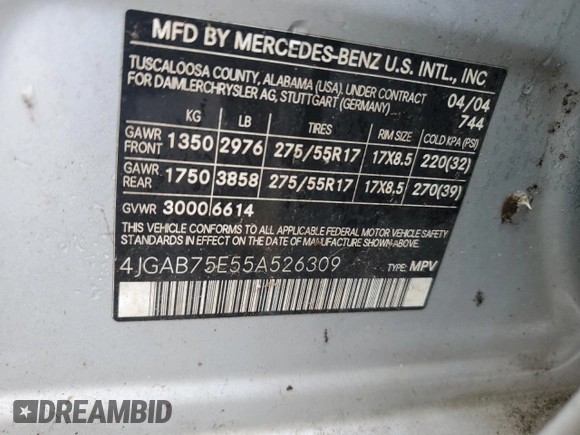 2005 Mercedes-Benz M 500 z VIN 4JGAB75E55A526309, wystawiony jako Copart lot #51478095 z przebiegiem 185 992 mil mil oraz Czysty tytuł • Clean title. Historia ofert i sprzedaży dostępna na DreamBid. Obrazek 13.