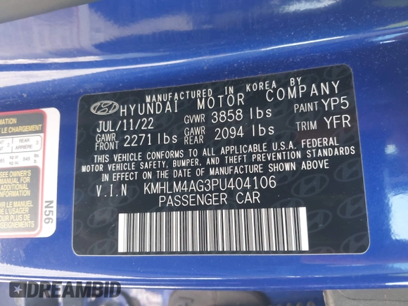 2023 Hyundai Elantra SEL with VIN KMHLM4AG3PU404106, listed as a IAAI auction lot 42226833 with 32,756 mi miles and . Bid and sale history available at DreamBid. Image 9.