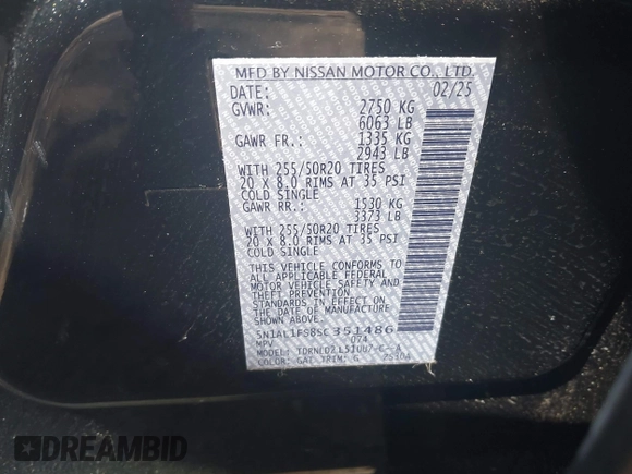 2025 Infiniti QX60 Luxe z VIN 5N1AL1FS8SC351486, wystawiony jako IAAI lot #42142372 z przebiegiem 2 249 mil mil oraz . Historia ofert i sprzedaży dostępna na DreamBid. Obrazek 9.