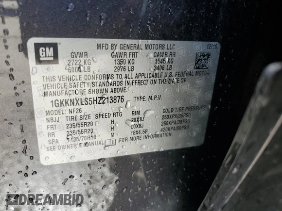 2017 GMC Acadia Denali z VIN 1GKKNXLS5HZ213876, wystawiony jako Copart lot #56966785 z przebiegiem 59 562 mil mil oraz Czysty tytuł • Clean title. Historia ofert i sprzedaży dostępna na DreamBid. Obrazek 13.