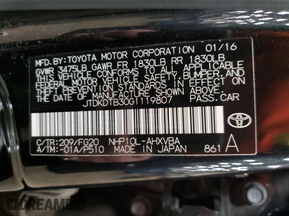 2016 Toyota Prius One with VIN JTDKDTB30G1119807, listed as a Copart auction lot 52917015 with 77,574 mi miles and Clean Title. Bid and sale history available at DreamBid. Image 12.