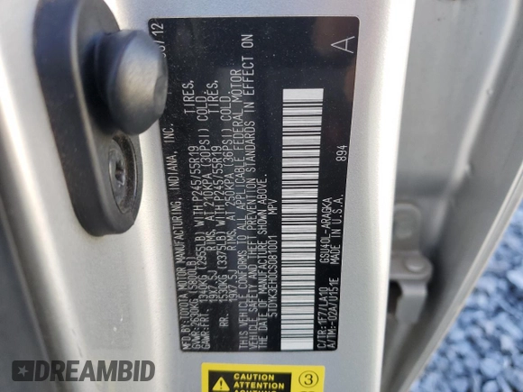 2012 Toyota Highlander Limited with VIN 5TDYK3EH0CS081001, listed as a Copart auction lot 48960305 with 219,718 mi miles and Salvage title. Bid and sale history available at DreamBid. Image 15.