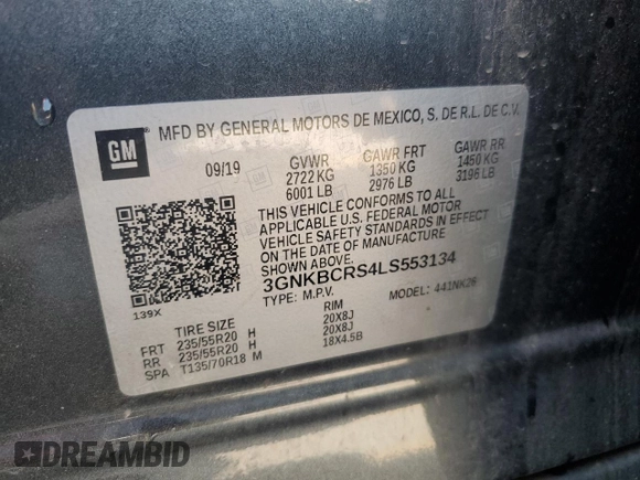 2020 Chevrolet Blazer LT with VIN 3GNKBCRS4LS553134, listed as a Copart auction lot 56344865 with 72,171 mi miles and Salvage title. Bid and sale history available at DreamBid. Image 14.