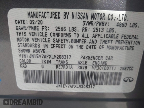 2020 Infiniti Q50 Pure with VIN JN1EV7APXLM208317, listed as a IAAI auction lot 39446112 with 34,846 mi miles and . Bid and sale history available at carsss.com. Image 9.