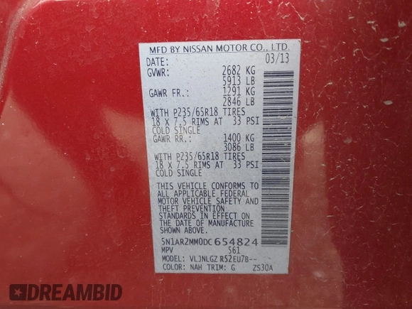 2013 Nissan Pathfinder SV with VIN 5N1AR2MM0DC654824, listed as a IAAI auction lot 41747859 with 162,673 mi miles. Bid and sale history available at carsss.com. Image 9.