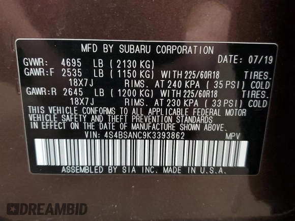 2019 Subaru Outback Limited with VIN 4S4BSANC9K3393862, listed as a Copart auction lot 51591485 with 97,620 mi miles and Salvage Title. Bid and sale history available at DreamBid. Image 13.