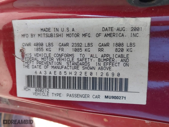 2002 Mitsubishi Eclipse GT with VIN 4A3AE85H22E012690, listed as a IAAI auction lot 40830352 with 113,068 mi miles. Bid and sale history available at carsss.com. Image 9.
