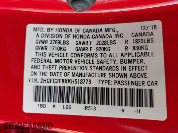 2019 Honda Civic Sport with VIN 2HGFC2F8XKH518773, listed as a IAAI auction lot 41934846 with 140,684 mi miles and . Bid and sale history available at DreamBid. Image 9.